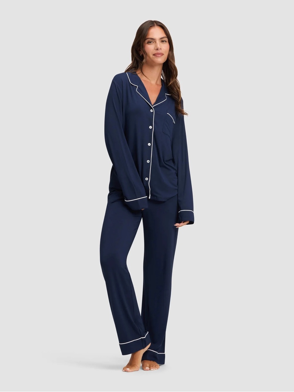 Cozy Earth Women’s Bamboo Stretch-Knit Pajama Pants Navy White Piping- Small - Picture 3 of 8